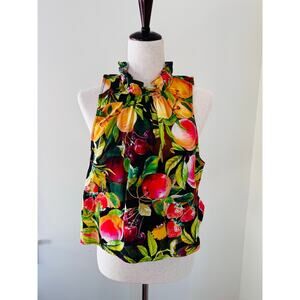 Maeve for Anthropologie Poplin Ruffle Neck Sleeveless Fruit Print Top